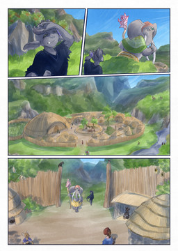 5_fingers ambiguous_gender anthro biped black_body black_fur black_tail blue_sky clothing day fangs feral fingers fur grass grey_body group holding_object male outside plant proboscis_(anatomy) river shadow shirt silhouette sky speech_bubble tail teeth topwear trunk_(anatomy) village water yellow_sclera bjekkergauken imbali_(bjekkergauken) isilo_(bjekkergauken) avian bird deer elephant elephantid humanoid mammal proboscidean unknown_species 2025 colored comic hi_res