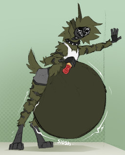 ambiguous_gender anthro belly belly_expansion belly_inflation beverage beverage_bottle big_belly bloated blush bottle bottomwear clothing collar container digitigrade expansion fur green_body green_fur green_hair hair holding_beverage holding_bottle holding_container holding_object holding_soda huge_belly inflation leaning_on_wall long_hair machine male motion_lines shirt shorts sloshing_belly soda_bottle solo spiked_collar spikes tank_top topwear white_clothing white_shirt white_tank_top white_topwear spicey_spaghets visco_(misty_bun) protogen