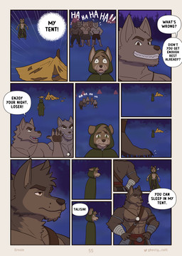 12_panel_comic 5_fingers abs anthro armband armor barefoot bottomwear brown_body brown_fur bullying cloak clothing destroyed dialogue ears_down feet fingers fur gesture green_cloak green_clothing grin group hands_on_hips harness jewelry laughing_at leather leather_strap male mocking muscular muscular_arms navel necklace night offering_help outside page_number pawpads pecs pendant pivoted_ears sad serious shocked smile standing straps tassets tent text twitter_logo waving wraps wrist_wraps ghosty_cult far_beyond_the_world_(series) twitter erof_(far_beyond_the_world) talisin_(far_beyond_the_world) canid canine canis mammal wolf artist_name comic english_text hi_res multiple_scenes