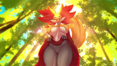 anthro big_breasts breast_curtains breasts female female_anthro forest plant solo tree arkiangelo kyodashiro nintendo pokemon canid canine delphox fox generation_6_pokemon mammal pokemon_(species) 16:9 animated hi_res high_framerate huge_filesize long_playtime sound video widescreen