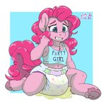 1:1 ageplay anthro anthrofied blue_eyes bodily_fluids clothed clothing crying diaper earth_pony english_text equid equine female friendship_is_magic genital_fluids hair hasbro hi_res hooves horse infantilism leaking_diaper looking_at_diaper mammal midriff my_little_pony navel open_mouth pattern_diaper pink_hair pinkie_pie_(mlp) pony poofy_hair roleplay shirt signature simple_background sitting stargal_galexi tank_top tears teeth text topwear urine urine_on_ground urine_pool wet_diaper wetting wetting_diaper