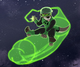 anthro big_penis bottomwear brown_body brown_fur bulge claws clothed clothed_male clothing detailed_background ear_piercing erection feet fur furgonomic_bottomwear furgonomics genitals glowing glowing_body green_ear_piercing green_eyes green_glow green_hair green_lantern_ring green_visor hair huge_penis humanoid_genitalia humanoid_penis hyper hyper_genitalia hyper_penis looking_at_viewer male membrane_(anatomy) muscular otter_tail penile penis penis_riding piercing sitting_on_penis smile smiling_at_viewer solo space star teeth tongue tongue_out webbed_hands whiskers pandottermon green_lantern toma_(pandottermon) 2026 colored dated hi_res signature
