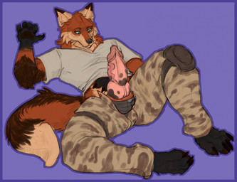 5_fingers animal_genitalia animal_penis anthro biped black_body black_fur brown_body brown_fur canine_genitalia canine_penis claws clothed clothing erection fingers fur genitals knee_pads knot knotted_penis looking_at_genitalia looking_at_own_penis looking_at_penis looking_at_self male male_anthro orange_body orange_fur penis pink_penis purple_background shirt simple_background solo spots spotted_genitalia spotted_penis t-shirt tan_body tan_fur teal_eyes toe_claws topwear underwear unzipped unzipped_pants vein veiny_penis zipper crito temura_(spikef22) canid canine mammal maned_wolf hi_res