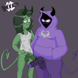 anthro balls big_balls big_penis blush blush_lines comparing comparing_penis duo genitals glowing glowing_eyes green_hair green_penis hair hairy_legs horn humanoid_genitalia humanoid_penis male male/male no_pupils penis penis_size_difference purple_body purple_penis purple_skin smile smirk tail demondraws kaze_(demondraws) toni_(demondraws) demon 1:1