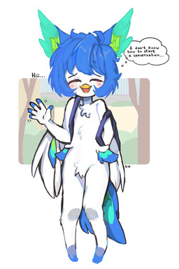 5_fingers anthro backpack blue_hair blush chest_tuft crotch_tuft dialogue eyes_closed female fingers fur greeting hair inner_ear_fluff open_mouth simple_background solo speech_bubble text tongue tuft wave white_body white_fur basilbxun perico avian bird english_text hi_res