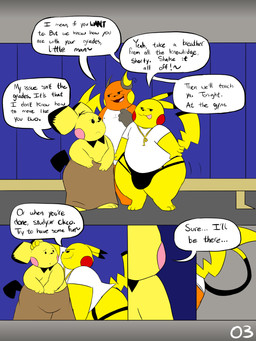 anthro belly bench big_butt black_clothing black_ear_tips black_jockstrap black_markings black_sclera black_tail black_tail_tip black_underwear bottomwear brown_ear_tips butt clothed clothing dialogue dipstick_ears dipstick_tail ear_markings group jewelry jockstrap locker locker_bench locker_room male male/male markings mostly_nude motion_lines multicolored_ears necklace nipples orange_body overweight page_number partially_clothed pink_cheeks red_cheeks shirt simple_background speech_bubble tail tail_markings text thick_thighs topless topwear towel towel_around_waist towel_only trio underwear underwear_only white_belly white_clothing white_eyes white_shirt white_topwear wide_hips yellow_body yellow_cheeks yellow_ears yellow_tail yellow_tail_tip chonkymouse nintendo pokemon pace_(blastoiseanimator) pedro_(blastoiseanimator) riley_(blastoiseanimator) generation_1_pokemon generation_2_pokemon pichu pikachu pokemon_(species) raichu 2023 3:4 absurd_res colored comic digital_media_(artwork) english_description english_text flat_colors hi_res