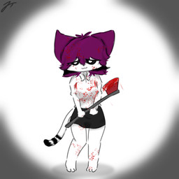 3_toes 4_toes axe blood blood_on_face blood_on_hand bodily_fluids bottomwear clothing feet female gradient_background hair purple_hair school_uniform shirt simple_background skirt toes topwear uniform jiangter veronica_(e254e) domestic_cat felid feline felis humanoid mammal 1:1 hi_res
