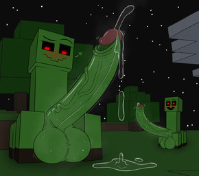 4_legs armless balls big_balls big_penis blush bodily_fluids duo erection feral genital_fluids genital_raphe genitals green_body huge_penis hyper hyper_genitalia hyper_penis male penis precum raphe_(anatomy) red_eyes scrotal_raphe smug obby microsoft minecraft mojang xbox_game_studios creeper_(minecraft) hi_res