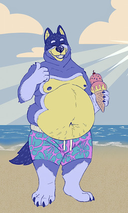 anthro areola barefoot beach belly belly_overhang big_belly big_moobs cherry claws clothed clothing cloud day dessert eyebrows eyes_closed feet food front_view fruit fur gesture hand_gesture holding_food holding_object ice_cream ice_cream_cone love_handles male moobs navel nipples obese obese_anthro obese_male outside overweight overweight_anthro overweight_male plant plantigrade sand seaside sky smile solo sprinkles standing summer sun swimming_trunks swimwear teeth thumbs_up toothy_grin topless topless_anthro topless_male tuft water evilpumpkinhead bluey_(series) bandit_heeler australian_cattle_dog canid canine canis cattledog domestic_dog herding_dog mammal pastoral_dog 2026 hi_res