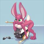 anthro big_breasts breasts drum eyewear female fur glasses green_eyes mascot musical_instrument nude open_mouth percussion_instrument pink_body pink_fur simple_background smile solo littlenapoleon tgwonder energizer energizer_bunny lagomorph leporid mammal rabbit 1:1 2014 hi_res letterbox