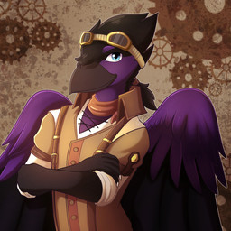 5_fingers alternative_fashion anthro beak black_beak blue_eyes clothed clothing crossed_arms eyebrows eyewear fingers goggles happy looking_at_viewer male multicolored_body purple_body purple_eyebrows shirt solo standing steampunk topwear wings xlightstarx avian bird corvid corvus_(genus) oscine passerine raven 1:1 hi_res shaded