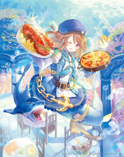 ambiguous_gender belt blue_clothing blue_hat blue_headwear brown_hair chair clothed clothing duo female female_focus feral food fries fruit furniture hair hat headgear headwear humanoid_focus lemon lobster_(food) looking_at_viewer one_eye_closed open_mouth pink_eyes plant solo_focus split_form teeth underwater water wink winking_at_viewer nimoshi bushiroad cardfight!!_vanguard battle_siren_mallika ambient_fish ambient_sealife aquatic fish humanoid humanoid_merfolk merfolk shark official_art