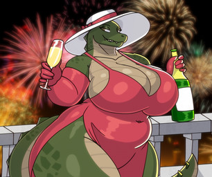 alcohol anthro armwear belly beverage big_breasts breasts champagne champagne_bottle champagne_glass cleavage clothed clothing container cup dress drinking_glass elbow_gloves female fireworks glass glass_container glass_cup gloves green_body green_scales handwear hat headgear headwear holding_object huge_breasts huge_thighs mature_anthro mature_female navel navel_outline night non-mammal_breasts non-mammal_navel overweight overweight_anthro overweight_female red_armwear red_clothing red_dress red_elbow_gloves red_gloves red_handwear scales smile solo sun_hat tail thick_tail thick_thighs voluptuous_anthro voluptuous_female spoldier crocodilian reptile scalie hi_res