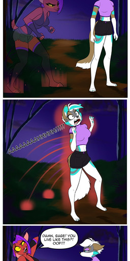 3_panel_comic annoyed anthro bottomwear breasts brown_body brown_fur cheek_tuft clothing crop_top curved_horn dialogue duo ears_back facial_tuft fangs female footwear fur green_body green_fur green_highlights grey_body grey_fur hair half-closed_eyes highlights_(coloring) hooves horn humor inner_monologue leotard narrowed_eyes open_mouth open_smile pivoted_ears possession purple_hair red_breasts screaming shirt shorts skirt smile socks speech_bubble teeth text thinking thought_bubble toeless_footwear toeless_legwear toeless_socks toeless_stockings topwear tuft white_body white_fur white_hair wide_eyed yellow_sclera zephyriwolf zephyri_q_wolf bovid canid canine canis caprine caprine_demon demon goat_demon mammal wolf english_text hi_res