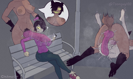 abs anal animal_genitalia animal_penis athletic balls bench big_breasts big_penis black_bottomwear black_clothing black_hair black_pants bottomwear bouncing_balls breasts canine_genitalia canine_penis clothed clothing dark_body dark_skin duo electronics emanata erection foreskin fully_clothed genitals grey_body gynomorph hair hand_on_hip holding_object holding_phone huge_penis intersex intersex/intersex knot nude on_bench pants penis phone presenting presenting_penis pubes purple_clothing purple_topwear questionable_consent sharp_teeth short_hair sitting surprised teeth topwear yellow_sclera champaanimation mythology hatgirl canid canine human humanoid mammal mythological_canine mythological_creature werecanid werecanine werecreature werewolf