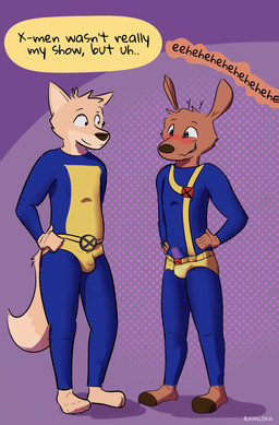 anthro blush clothing costume duo erection erection_under_clothing excited giggling hands_on_hips male male/male speech_bubble tenting ravalska poro_alska rav_alska canid canine deer fox mammal absurd_res hi_res
