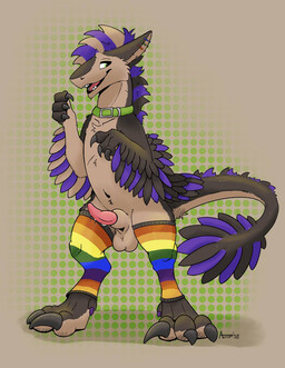 animal_genitalia anthro balls becoming_erect brown_body brown_fur claws clothing collar ear_piercing feather_hair feathers feral fluffy fluffy_tail fur genitals green_eyes legwear looking_at_viewer male mohawk multicolored_body multicolored_clothing multicolored_fur multicolored_legwear multicolored_stockings penis piercing pseudo_hair purple_body purple_fur rainbow_clothing rainbow_legwear rainbow_stockings sheath solo standing stockings tail tapering_penis teeth_showing tongue aaron_pictus cheddarbyte dinosaur dromaeosaurid hybrid prehistoric_species reptile saurischian scalie sergal theropod hi_res
