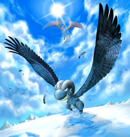 ambiguous_gender black_body black_feathers duo feathered_wings feathers feral flying ice lens_flare membrane_(anatomy) membranous_wings sun tail water wings halomiya european_mythology mythology nintendo pokemon bagon dragon generation_3_pokemon mythological_creature mythological_scalie pokemon_(species) salamence scalie western_dragon blue_theme cool_colors