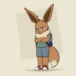 anthro backpack bottomwear clothing crossed_arms grumpy looking_at_viewer male shorts simple_background solo young young_anthro young_male vipy nintendo pokemon brreo eevee generation_1_pokemon pokemon_(species) 1:1 absurd_res hi_res