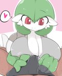 big_breasts breasts cleavage clothed clothing duo female gardevoir generation_3_pokemon heart_symbol hi_res huge_breasts male male/female nintendo pink_background pokemon pokemon_(species) red_eyes runbasamba simple_background solo_focus tenting