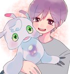 anthro blush duo green_eyes hair hug male purple_hair smile white_body nantoimanara bandai_namco digimon lui_owada digimon_(species) human mammal ukkomon hi_res