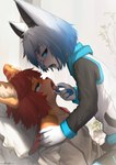 ambiguous_species anthro arca_(arcadius0505) blue_eyes blush bodily_fluids clothing duo echo_(echowocha) echowocha hi_res hoodie looking_at_another male male/male markings open_mouth plant saliva saliva_string simple_background straddling tongue tongue_out topwear