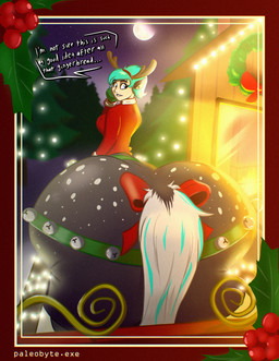 bell black_body blue_hair bow_ribbon butt butt_focus christmas_clothing christmas_headwear clothing dialogue eyelashes female freckled_face freckles hair headgear headwear holidays holly_(plant) horse_carriage_pov long_eyelashes looking_back piercing plant solo speech_bubble spots spotted_butt string_lights tail white_tail superholdit christmas european_mythology greek_mythology mythology frankie_thunderburk centaur equid equid_taur humanoid_taur mammal mammal_taur taur hi_res watermark