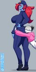 anthro big_breasts blue_body breasts butt canon_x_oc clothing duo female fin hug hugging_another hugging_from_behind humanoid_on_anthro larger_female male male/female police police_uniform sharp_teeth size_difference smaller_male teeth tight_clothing uniform worship frowntown deltarune undertale undertale_(series) aimi_(sleepysushiroll) undyne animal_humanoid bear fish fish_humanoid giant_panda humanoid mammal marine marine_humanoid 1:2 absurd_res alternate_version_at_source hi_res