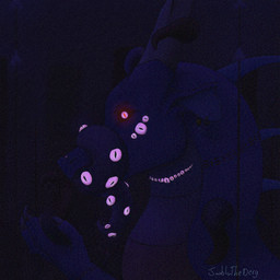 dark_environment ear_piercing ear_ring eldritch eyes_on_body eyes_on_tongue female feral glowing glowing_eyes horn markings multi_eye noise_filter paws piercing purple_eyes ring_piercing scar solo spines tentacle_eye tentacles unusual_anatomy unusual_eye_placement janbluthederg mythology janblu dragon mythological_creature mythological_scalie scalie 1:1 hi_res