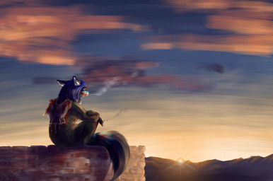 anthro blood blood_stain blue_hair bodily_fluids cigarette clothing cloud female fluffy fluffy_tail hair mutilation notched_wings sky smoke solo sunset tail wings fexneel_denisse fexneel_(character) arati arativulpes mammal 2020 digital_media_(artwork) hi_res