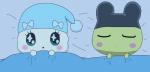 bed bedding big_eyes blanket clothing duo eyes_closed female furniture green_eyes hat headgear headwear male sleeping toony cansin13 tamagotchi lovelitchi mametchi 2016