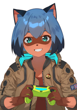 :d anthro badge biped blue_hair brown_body brown_clothing brown_jacket brown_topwear claws clothed clothing controller cosplay cute_fangs cybernetic_eye cybernetics facial_markings fangs female fur game_controller gloves_(marking) glowing glowing_clothing green_eyes grin hair head_markings holding_controller holding_game_controller holding_object inner_ear_fluff jacket logo looking_at_viewer machine markings multicolored_body multicolored_fur multicolored_hair playstation_controller short_hair smile solo teeth topwear tuft two_tone_body two_tone_fur two_tone_hair voice_actor_joke lizzy_imo brand_new_animal cd_projekt_red cyberpunk_2077 playstation playstation_4 sony_corporation sony_interactive_entertainment studio_trigger michiru_kagemori canid canine mammal raccoon_dog tanuki hi_res