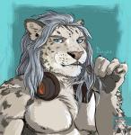 anthro blue_hair electronics fangs hair headphones leopard_spots looking_at_viewer male nipples simple_background solo spots teeth fonyaa felid mammal pantherine snow_leopard