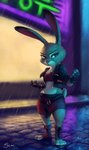 anthro belt bottomwear clothed clothing cosplay crossover_cosplay female fingerless_gloves fully_clothed gloves handwear legwear midriff raining skirt solo toeless_legwear topwear vest s1m disney sega streets_of_rage zootopia blaze_fielding judy_hopps lagomorph leporid mammal rabbit 2020 colored crossover digital_media_(artwork) hi_res signature