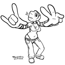 anthro bottomwear bra breasts choker cleavage clothed clothing denim denim_bottomwear denim_clothing devil_horns_(gesture) female footwear freckles front_view gesture hand_gesture high-angle_view jeans jewelry looking_at_viewer necklace pants shoes solo sparkles sparkling_eyes tongue tongue_out underwear v_sign felino tomato_(lettuce) amphibian frog 2026 black_and_white full-length_portrait monochrome portrait sketch
