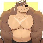 accessory anthro belly big_pecs bottomwear brown_body brown_fur clothed clothing erect_nipples eye_scar facial_hair facial_scar front_view fur headband looking_at_viewer male moobs musclegut muscular muscular_male nipples pecs scar shorts smile snaggle_tooth solo topless same22shark nelson_bear bear mammal 1:1 2023 half-length_portrait hi_res icon portrait