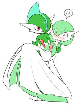 blush carrying_another duo female green_body green_skin holding_character interrobang male not_furry open_mouth simple_background wavy_mouth white_background white_body white_skin lotosu nintendo pokemon gallade gardevoir generation_3_pokemon generation_4_pokemon pokemon_(species)