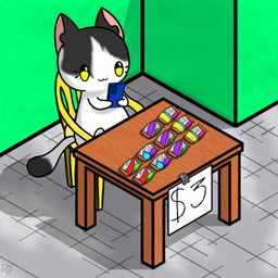 anthro booth chair electronics feral fur furniture looking_at_object looking_at_phone merchandise multicolored_body multicolored_fur phone selling solo table miguelsingato felid mammal 1:1 2024 absurd_res digital_drawing_(artwork) digital_media_(artwork) hi_res signature