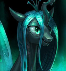 crown dark eyelashes eyeshadow fangs female feral gradient_background grin hair headgear horn insect_wings makeup mascara pupils simple_background slit_pupils smile solo teal_hair teeth text wings murskme friendship_is_magic hasbro my_little_pony queen_chrysalis_(mlp) arthropod changeling_(mlp) 2017 absurd_res bust_portrait hi_res japanese_text portrait signature