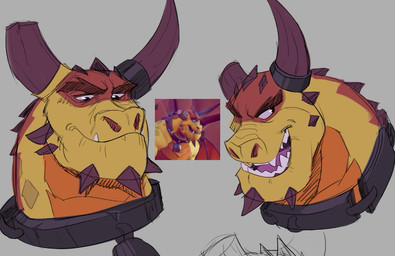 anthro beard broken_horn collar eyebrows facial_hair facial_spikes fangs grey_background horn horn_jewelry jewelry male manly open_mouth open_smile orange_body orange_scales red_body red_scales scales sharp_teeth simple_background smile solo spikes spikes_(anatomy) teeth thick_eyebrows underbite yellow_body yellow_scales polartoons activision mythology spyro_reignited_trilogy spyro_the_dragon boris_(spyro) rescued_dragons_(spyro) dragon mythological_creature mythological_scalie reptile scalie 2026 headshot_portrait portrait sketch