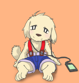 4_toes anthro bottomwear clothing feet floppy_ears fur kemono looking_at_viewer male overalls overalls_only shorts sitting sitting_on_ground solo suspenders toes white_body white_fur young young_anthro young_male tsuchinoko_(artist) shiroppu_(tsuchinoko) canid canine canis domestic_dog mammal 2015 hi_res japanese_description
