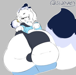 anthro anus_peek big_butt black_clothing black_underwear blue_clothing blue_footwear blue_hair_tips blue_legwear blue_shirt blue_socks blue_tail_tip blue_thigh_highs blue_thigh_socks blue_topwear bulge bulge_from_behind butt butt_focus chest_tuft clothing clothing_pull dipstick_tail fat_rolls femboy footwear fur hair legwear looking_at_viewer male markings no_shading ponytail shirt socks solo tail tail_markings thick_thighs thigh_highs thigh_socks topwear tuft underwear underwear_pull white_body white_butt white_face white_fur white_hair white_hands white_tail white_thighs serven canid canine fennec_fox fox mammal true_fox absurd_res hi_res signature