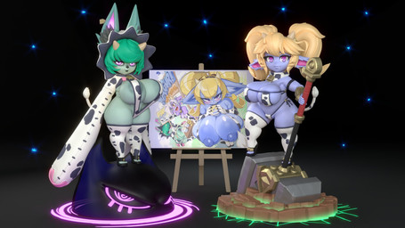 animal_ears animal_nose animal_print animal_print_bikini animal_print_thigh_highs areola areola_slip bell bell_collar big_breasts bikini black_background black_clothing black_footwear black_shoes blonde_hair blue_body blue_fur breasts clothing collar cow_print cow_print_bikini cow_print_thigh_highs duo eyelashes fake_horns fake_tail female footwear front_view fur gradient_background green_areola green_body green_fur green_hair grey_background hair hammer high_heeled_sandals high_heels holding_hammer holding_object holding_tool holding_weapon hoodie huge_breasts humanoid_pointy_ears inner_ear_fluff legwear long_sleeves looking_at_viewer one-piece_swimsuit pattern_bikini pattern_clothing pattern_legwear pattern_swimwear pattern_thigh_highs pigtails pointy_ears pupils purple_eyes sandals shoes short_stack simple_background sling_bikini slit_pupils smile snaggle_tooth swimwear thick_thighs thigh_highs tools topwear tuft two-piece_swimsuit weapon wide_hips general_buta krokobyaka league_of_legends riot_games tencent poppy_(lol) vex_(lol) humanoid yordle 16:9 3d_(artwork) digital_media_(artwork) hi_res widescreen