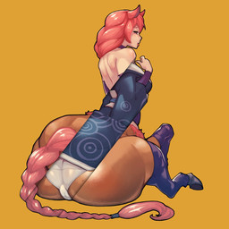 asian_clothing braided_hair braided_tail butt camel_toe clothing ears_up east_asian_clothing female female_taur hair japanese_clothing kimono legwear looking_at_viewer looking_back looking_back_at_viewer lying panties pink_hair rear_view simple_background solo split_form stockings tail thick_thighs tongue tongue_out underwear yellow_background scrib_squab european_mythology greek_mythology mythology centaur equid equid_taur humanoid_taur mammal mammal_taur taur 1:1 hi_res