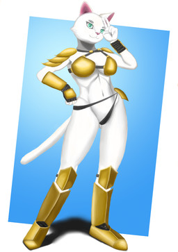 anthro armor bikini_armor female fur gold_(metal) gold_armor solo unconvincing_armor white_body white_fur maddee felid feline mammal absurd_res hi_res