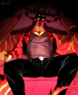 4_eyes bottomwear clothing horn jacket looking_at_viewer male multi_eye pants red_body shirt sitting solo tail teeth topwear sk_akamissterh hellaverse helluva_boss satan_(helluva_boss) demon absurd_res digital_drawing_(artwork) digital_media_(artwork) hi_res