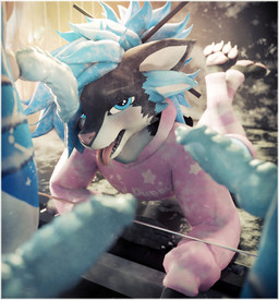 animal_genitalia animal_penis anthro behind_glass black_body black_fur blue_body blue_fur bodily_fluids cheek_tuft clothing erection facial_tuft footwear fur genital_fluids genitals group male penis scaled_penis socks sweatshirt tuft white_body white_fur lill_esp deuzear 3d_(artwork) absurd_res digital_media_(artwork) hi_res