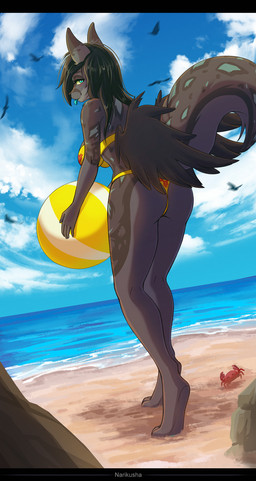 anthro ball beach beach_ball black_hair blue_eyes blue_tongue butt clothing cloud dark_body day detailed_background female hair inflatable looking_back markings new_mexican_flag presenting presenting_hindquarters rock sea solo swimwear tongue toony water wings narikusha selena_(a-doss) arthropod avian bird canid canine canis crab crustacean decapod gull hybrid lari larid malacostracan mammal wolf hi_res