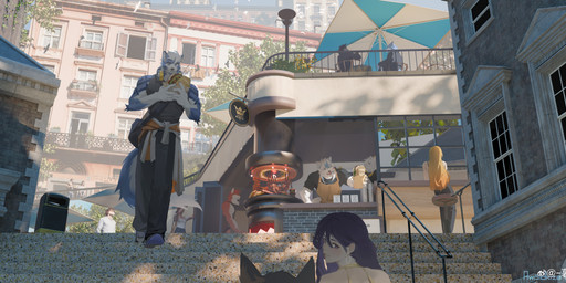 anthro black_bottomwear black_clothing black_pants black_topwear blue_body blue_eyes blue_fur blue_tail bottomwear clothed clothing day electronics female female_human food front_view fur group hair headphones headphones_around_neck holding_food holding_object male male_anthro muscular muscular_anthro muscular_male outside pants short_hair slim_female slim_human stairs tail topwear walking white_body white_fur white_hair white_tail awaldkize canid canine canis human mammal wolf absurd_res hi_res