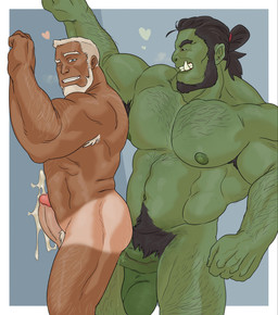 abs anal anal_penetration armpit_hair balls beard big_balls big_penis black_hair bodily_fluids body_hair cum cum_on_wall cum_while_penetrated duo ear_piercing ejaculation erection facial_hair genital_fluids genitals green_body grin hair heart_symbol human_on_humanoid human_penetrated humanoid_penetrating humanoid_penetrating_human interspecies larger_humanoid larger_male looking_pleasured male male/male male_penetrated male_penetrating male_penetrating_male muscular muscular_human muscular_humanoid muscular_male navel nipples not_furry nude pecs penetration penile penile_penetration penis penis_in_ass piercing pinned pinned_to_wall ponytail pubes sex size_difference smaller_human smaller_male smaller_penetrated smile tan_body teeth tusks white_hair devince2911 human humanoid mammal orc hi_res